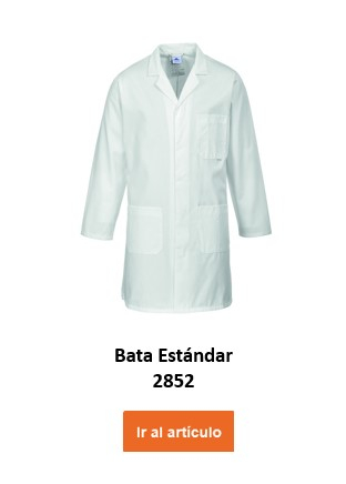 Una bata de laboratorio blanca con la etiqueta "Standard Professional Coat 2852". La bata tiene varios bolsillos y manga larga. Hay un enlace que lleva al artículo.