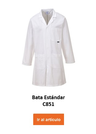 Una bata de laboratorio blanca con la etiqueta "Standard Coat C851". La bata tiene varios bolsillos y manga larga. Hay un enlace que lleva al artículo.