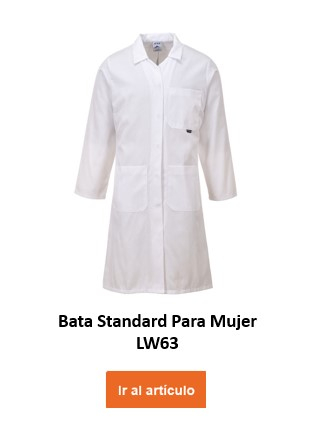 Una bata de laboratorio blanca para mujer, denominada "Abrigo de mujer estándar LW63". La bata tiene varios bolsillos y manga larga. Hay un enlace que lleva al artículo.