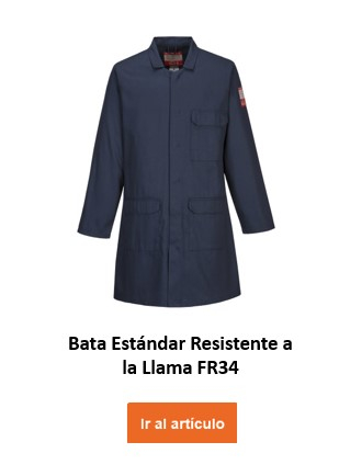 Una bata de laboratorio azul oscuro con la etiqueta "FR Standard Coat FR34". La bata tiene varios bolsillos y manga larga. Hay un enlace que lleva al artículo.