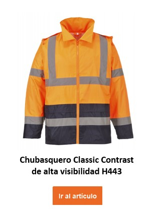 Chubasquero clásico en contraste de alta visibilidad H443 en color naranja con rayas reflectantes. El enlace proporcionado conduce a la página del artículo.