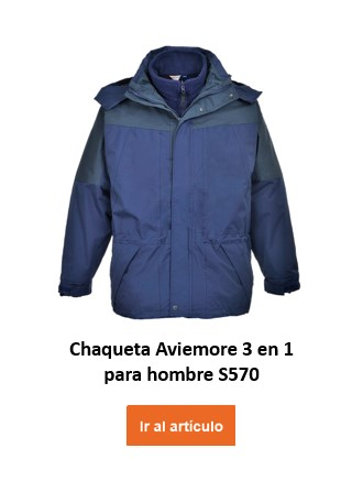 Chaqueta de hombre impermeable 3 en 1 Aviemore S570, en color azul oscuro con capucha desmontable y forro desmontable. Se proporciona un enlace al artículo.