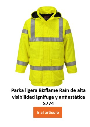 Chaqueta ligera de advertencia de lluvia Bizflame Multinorm S774 en amarillo brillante con rayas reflectantes. Se proporciona un enlace a la página del artículo.