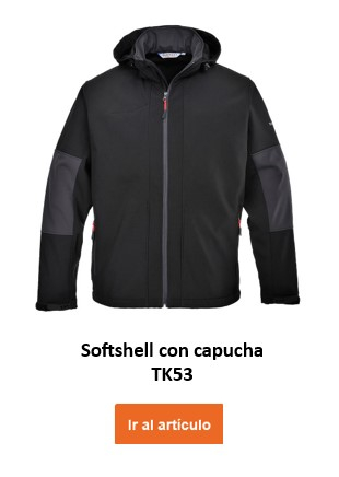 Chaqueta softshell impermeable TK53 con capucha en color negro con enlace al artículo.