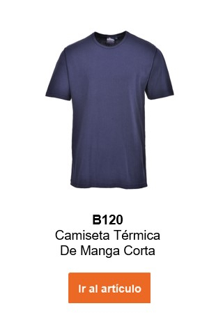 Imagen de la camiseta térmica de manga corta B120 en color azul con texto informativo y enlace al artículo.