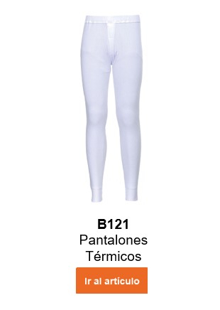 Imagen del pantalón térmico B121 en color blanco con texto informativo y enlace al artículo.