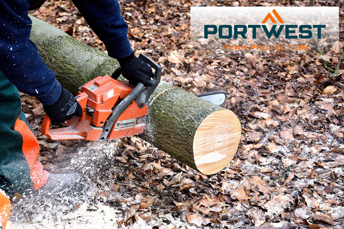 Se ve a una persona usando una motosierra para cortar el tronco de un árbol tirado en el suelo. Al fondo se ven hojas marrones de otoño y astillas de madera voladoras. En la esquina superior derecha de la imagen está el logo de Portwest en azul y naranja sobre un fondo blanco transparente.   Hay un eslabón que conduce a nuestra ropa de motosierra.