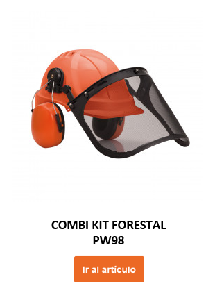 Imagen del trabajador forestal set PW98 en color naranja con protección auditiva y visor facial negro. Debajo está el nombre del artículo y un botón naranja que conduce al artículo.