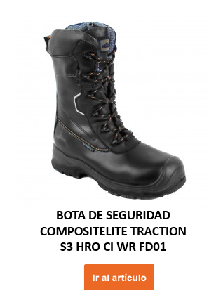 Imagen de la bota de seguridad Portwest Compositelite Traction HRO CI WR FD01 en color negro con botón naranja y enlace al artículo.