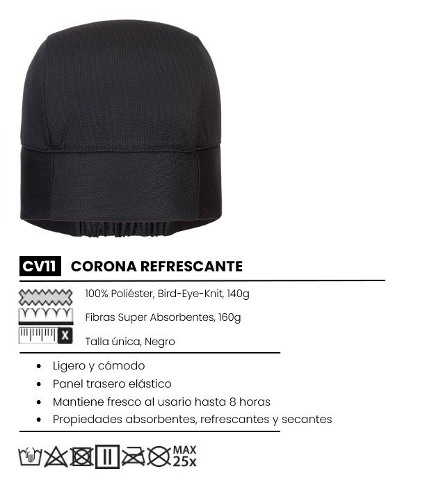 Gorro refrescante CV11 negro confeccionado en punto ojo de perdiz 100% poliéster, 140g, con fibras muy absorbentes, 160g. Talla única, espalda elástica. Ligero y cómodo, se mantiene fresco hasta por 8 horas, con funciones de absorción, enfriamiento y secado. Se proporciona un enlace al artículo.