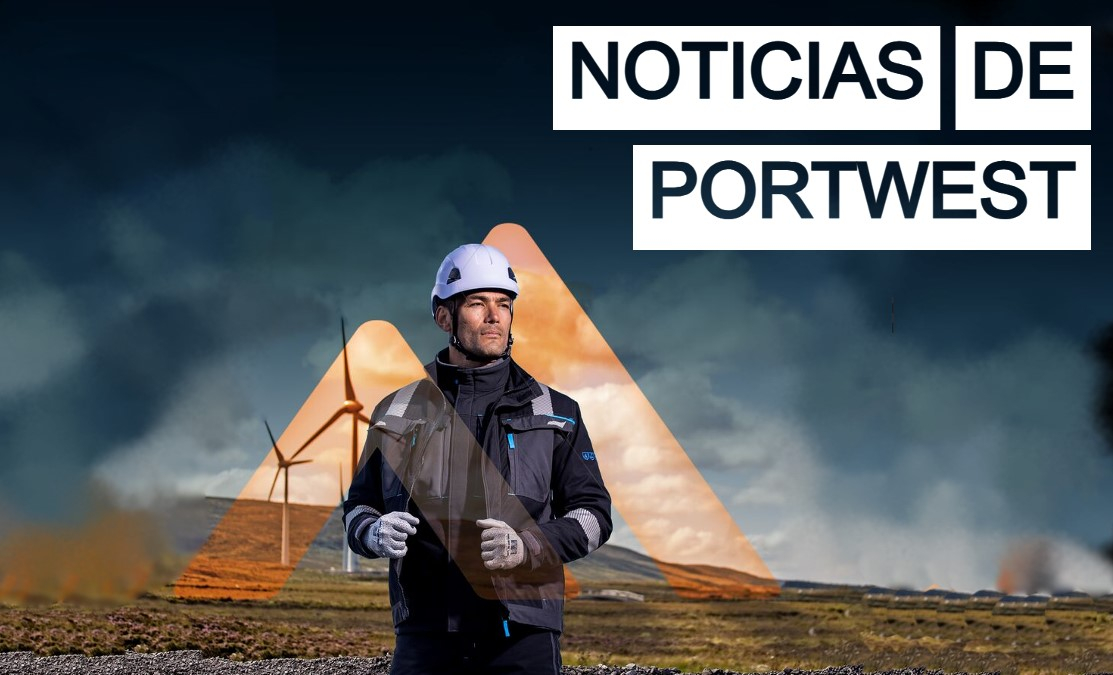 Trabajador con ropa de trabajo y casco de seguridad blanco frente a un parque eólico con una colina y nubes sombrías. El logotipo de Portwest está resaltado en naranja transparente. En la esquina superior derecha de la imagen se encuentra el título "Noticias de Portwest" en letras transparentes con fondo blanco.