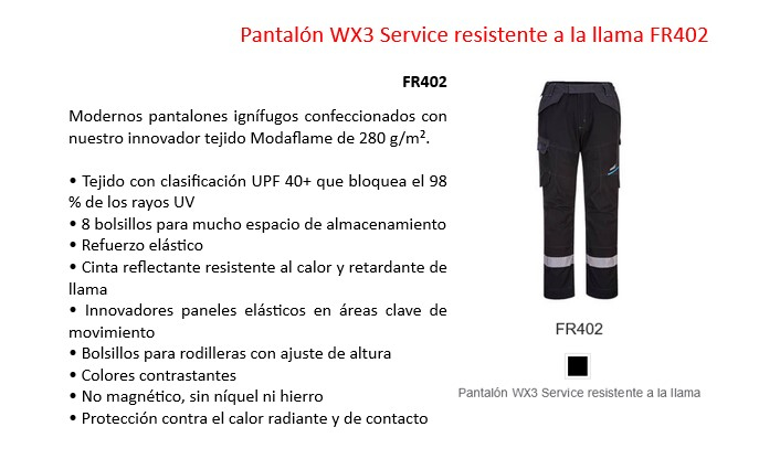 Pantalón de servicio WX3 FR FR402 en color negro con rayas reflectantes y un enlace que lleva a la página del artículo.