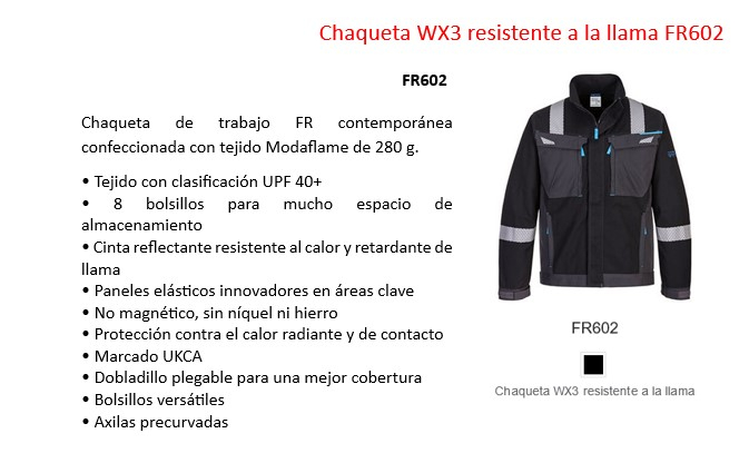 Chaqueta de trabajo WX3 FR FR602 en color negro con rayas reflectantes y enlace que lleva a la página del artículo.