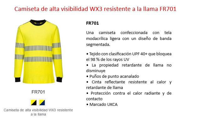 Camiseta de protección de advertencia ignífuga WX3 FR701 en color amarillo con rayas Relfex y enlace que lleva a la página del artículo.