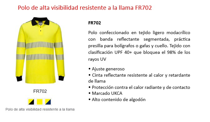 Polo ignífugo de alta visibilidad WX3 FR702 en color amarillo con rayas Relfex y enlace que lleva a la página del artículo.