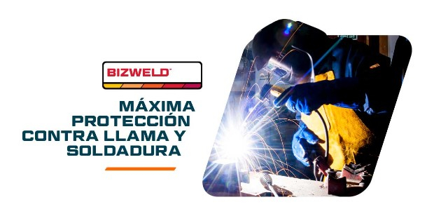 Logotipo de la colección Bizweld y el siguiente título: Máxima protección contra llamas y soldadura. Al lado hay una imagen que muestra a una persona con ropa protectora soldando. Hay un enlace que conduce a nuestra colección Bizweld.